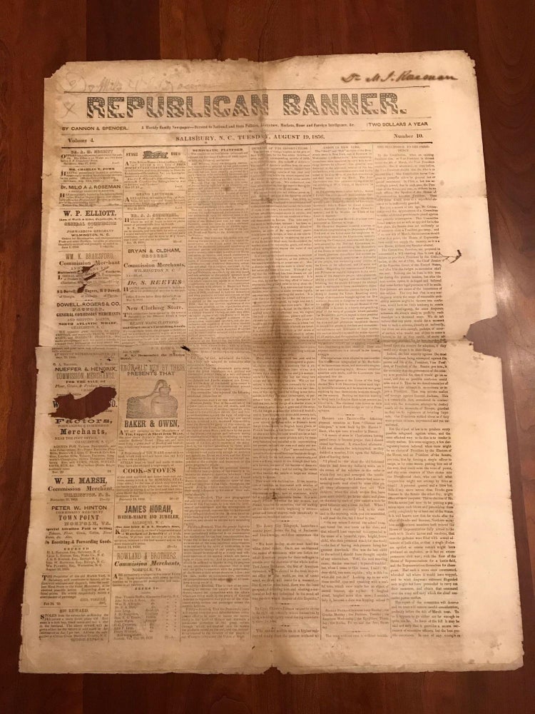 Item #100020 REPUBLICAN BANNER Newspaper. Volume 4, Number 10. Salisbury, North Carolina, Tuesday, August 19, 1856.