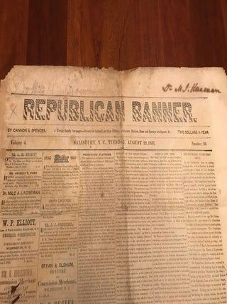 REPUBLICAN BANNER Newspaper. Volume 4, Number 10. Salisbury, North Carolina, Tuesday, August 19, 1856.