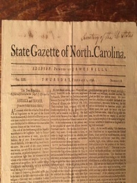 Item #100066 The State Gazette of North Carolina. February 1, 1798. Exceptionally Rare...