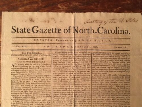 Item #100066 The State Gazette of North Carolina. February 1, 1798. Exceptionally Rare 18th-Century North Carolina Newspaper.