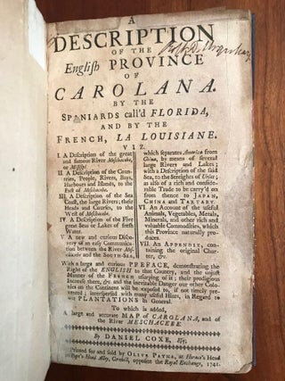 Item #100075 A Description of the English Province of Carolana. Daniel Coxe