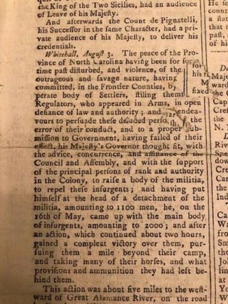 1771 Newspaper w/ Account of Battle of Regulators NORTH CAROLINA Governor TRYON