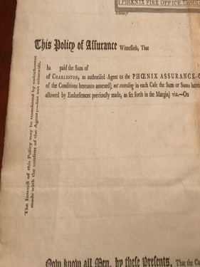 Early 1800s Phoenix Assurance Company, London, Charleston, South Carolina Broadside