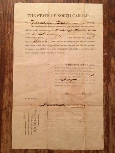 Item #100183 The State of North Carolina Commission for Zaccheus Ellis as second Lieutenant of Artillery as of 10 March 1862, signed by Henry T. Clark (North Carolina Civil War Governor).