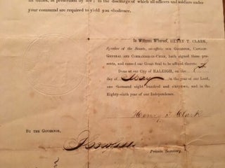 The State of North Carolina Commission for Zaccheus Ellis as second Lieutenant of Artillery as of 10 March 1862, signed by Henry T. Clark (North Carolina Civil War Governor).