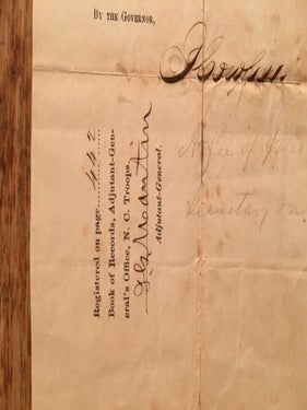 The State of North Carolina Commission for Zaccheus Ellis as second Lieutenant of Artillery as of 10 March 1862, signed by Henry T. Clark (North Carolina Civil War Governor).