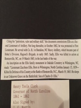 The State of North Carolina Commission for Zaccheus Ellis as second Lieutenant of Artillery as of 10 March 1862, signed by Henry T. Clark (North Carolina Civil War Governor).