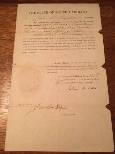 Item #100238 1861 Confederate Military Commission for John W. Taylor appointing him Captain of Volunteer Company Chatham Riflemen SIGNED by North Carolina Civil War Governor John Ellis