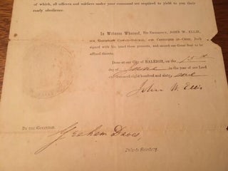1861 Confederate Military Commission for John W. Taylor appointing him Captain of Volunteer Company Chatham Riflemen SIGNED by North Carolina Civil War Governor John Ellis