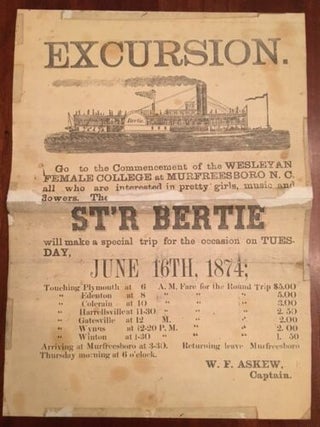 Item #100288 1874 Wesleyan Female College Steamship BROADSIDE Murfreesboro, N. Carolina