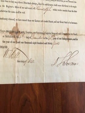 1835 Randolph County NORTH CAROLINA, Frazier Family Land Grant, SIGNED Gov SWAIN