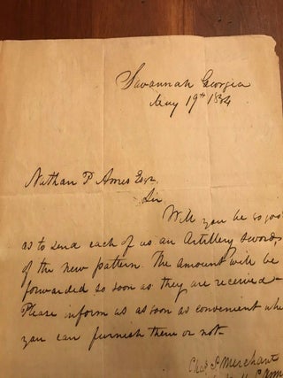 1834 Savannah GEORGIA Letter to Nathan AMES Requesting Artillery Swords, WEAPONS