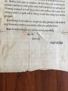 Small Broadside Announcing the First Number of the "Evangelical Mission" and of "The Virginia and North carolina Presbyterian Preacher" to Subscribers. Dated January 14th, 1828 in Fayetteville, North Carolina.