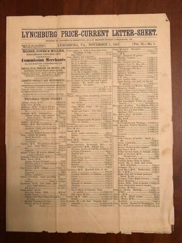 Item #100530 1867 Lynchburg VIRGINIA Merchants Wholesale Price Sheet, Reconstruction Era