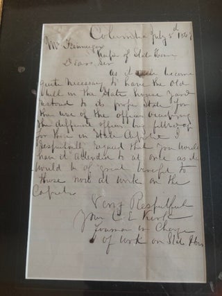 ALS from C.E. Kirk, Foreman in Charge of Work on State House (South Carolina) regarding Request to Have the Old Bell from The State House Restored and Put in Use in the State Capitol During the Reconstruction Era.